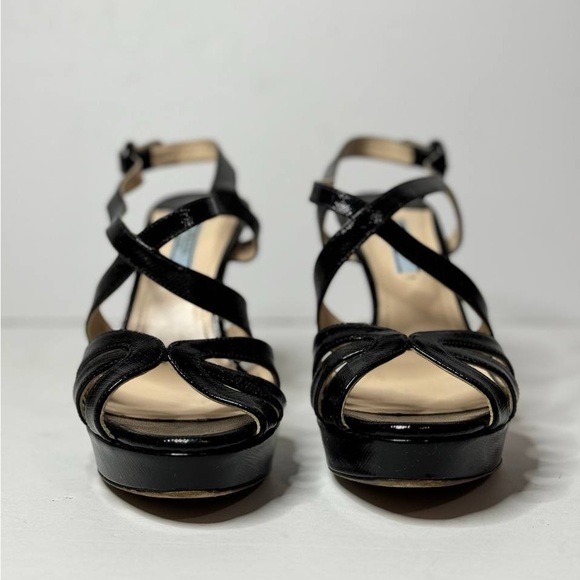 Prada Strappy Open Toe Ankle Buckle Strap Black Platform Heel Size 37.5 - Picture 6 of 12